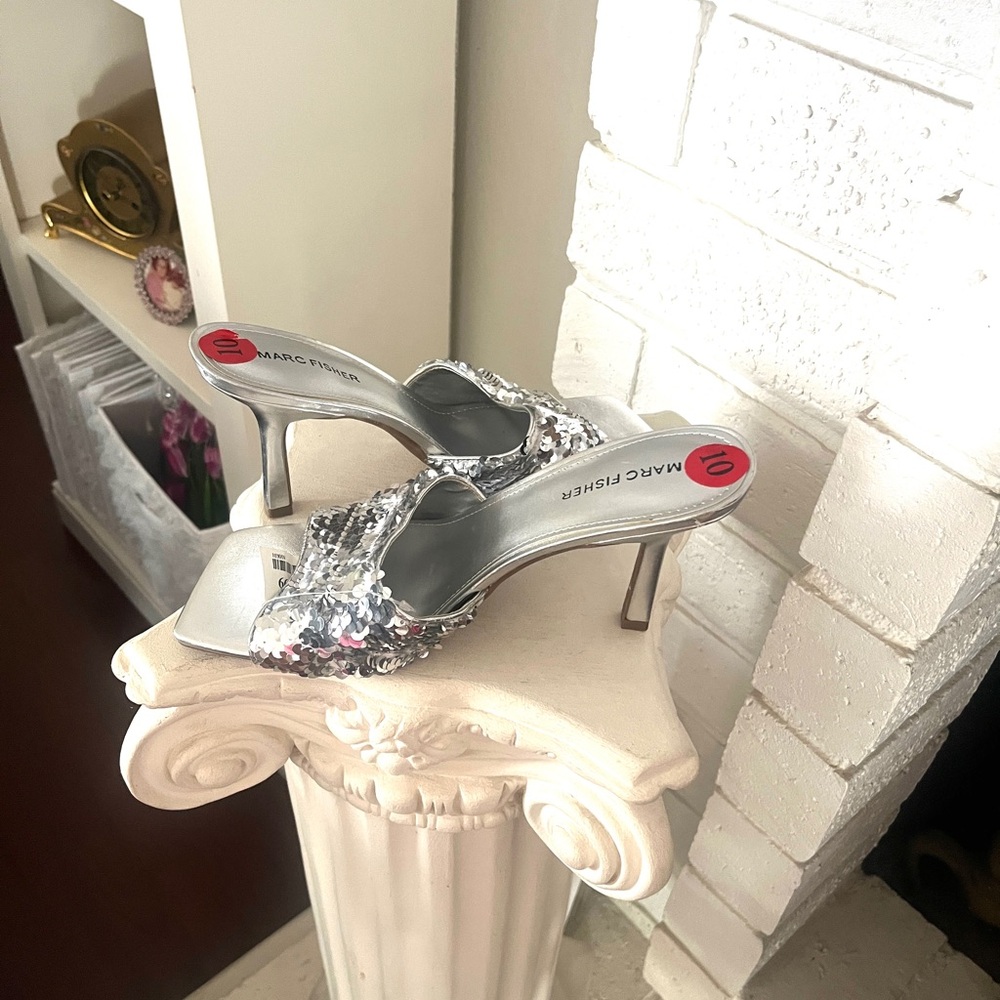 Silver Sequin Open-Toe Mark Fischer Heeled Mules 4”
